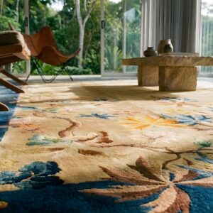 Antique Art Deco Chinese Floral Blue Navy, Ivory Beige Cream White 1930s Rug (SKU 24473) - in-room detail