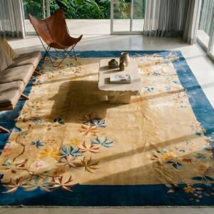 Antique Art Deco Chinese Floral Blue Navy, Ivory Beige Cream White 1930s Rug (SKU 24473) - styled overhead view