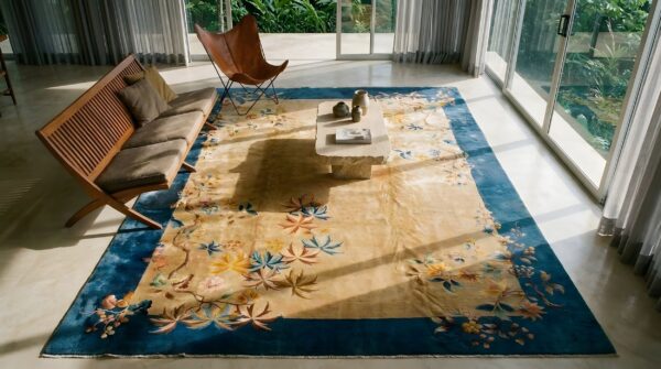 Antique art deco chinese floral blue navy, ivory beige cream white 1930s rug 2 Antique art deco chinese floral blue navy, ivory beige cream white 1930s rug (sku 24473) - styled overhead view