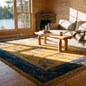 Antique Art Deco Chinese Floral Blue and Yellow 1920s Rug (SKU 24654) - room view