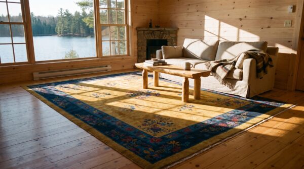 Antique art deco chinese floral blue and yellow 1920s rug 8 Antique art deco chinese floral blue and yellow 1920s rug (sku 24654) - room view