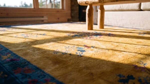 Antique art deco chinese floral blue and yellow 1920s rug 9 Antique art deco chinese floral blue and yellow 1920s rug (sku 24654) - in-room detail