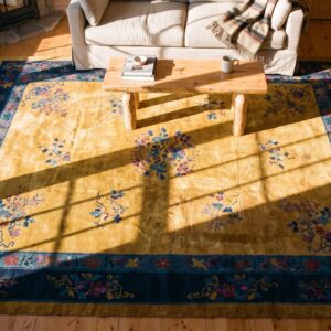 Antique Art Deco Chinese Floral Blue and Yellow 1920s Rug (SKU 24654) - styled overhead view