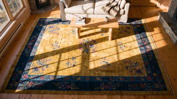 Antique art deco chinese floral blue and yellow 1920s rug 2 Antique art deco chinese floral blue and yellow 1920s rug (sku 24654) - styled overhead view