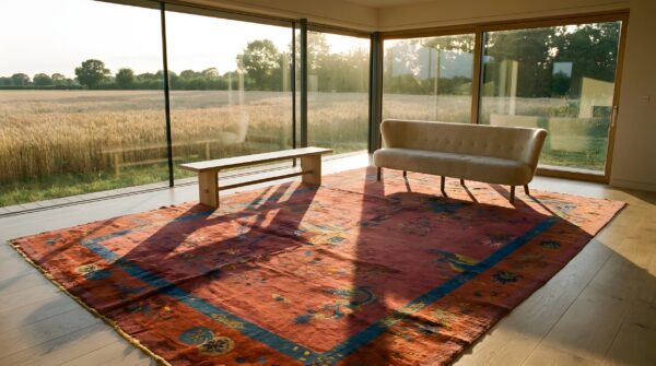 Antique art deco chinese floral coral 1920s rug 7 Antique art deco chinese floral coral 1920s rug (sku 23832) - room view