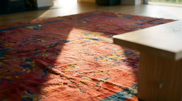Antique art deco chinese floral coral 1920s rug 8 Antique art deco chinese floral coral 1920s rug (sku 23832) - in-room detail