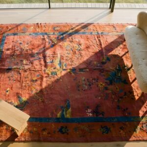 Antique Art Deco Chinese Floral Coral 1920s Rug (SKU 23832) - styled overhead view