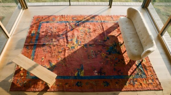 Antique art deco chinese floral coral 1920s rug 2 Antique art deco chinese floral coral 1920s rug (sku 23832) - styled overhead view