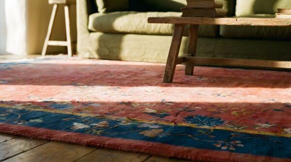 Antique art deco chinese floral coral 1920s coral rug 11 Antique art deco chinese floral coral 1920s coral rug (sku 24410) - in-room detail