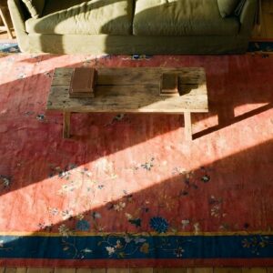 Antique Art Deco Chinese Floral Coral 1920s Coral Rug (SKU 24410) - styled overhead view