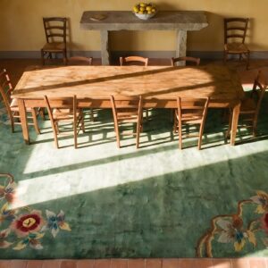 Antique Art Deco Chinese Floral Green 1935 Rug (SKU 24348) - styled overhead view