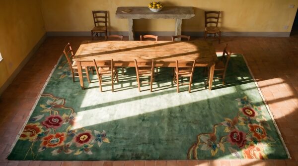 Antique art deco chinese floral green 1935 rug 2 Antique art deco chinese floral green 1935 rug (sku 24348) - styled overhead view