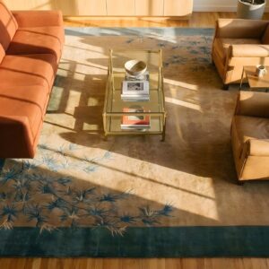 Antique Art Deco Chinese Floral Green, Ivory Beige Cream White 1920s Rug (SKU 24642) - styled overhead view