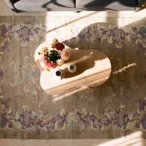 Antique Art Deco Chinese Floral Ivory Beige Cream White 1920s Rug (SKU 24712) - styled overhead view