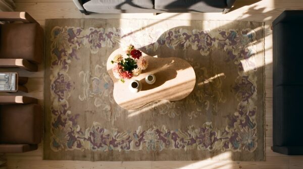 Antique art deco chinese floral ivory beige cream white 1920s rug 2 Antique art deco chinese floral ivory beige cream white 1920s rug (sku 24712) - styled overhead view