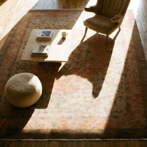 Antique Art Deco Chinese Floral Layered Medallion Design hand Knotted Rug (SKU 24909) - styled overhead view