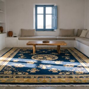 Antique Art Deco Chinese Floral, Medallion Blue Navy, Ivory Beige Cream White 1920s Rug (SKU 24665) - room view