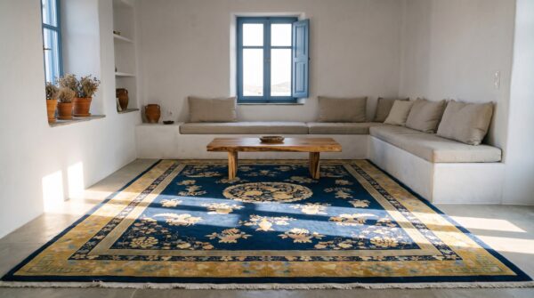 Antique art deco chinese floral, medallion blue navy, ivory beige cream white 1920s rug (sku 24665) - room view