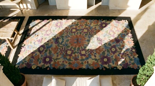 Antique art deco chinese floral, medallion multi 1920s rug 2 Antique art deco chinese floral, medallion multi 1920s rug (sku 23896) - styled overhead view