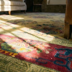 Antique Art Deco Chinese Floral, Medallion Yellow 1920s Rug (SKU 23936) - in-room detail