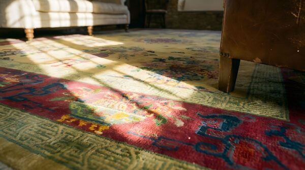 Antique art deco chinese floral, medallion yellow 1920s rug 8 Antique art deco chinese floral, medallion yellow 1920s rug (sku 23936) - in-room detail