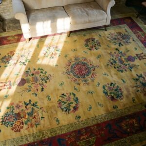 Antique Art Deco Chinese Floral, Medallion Yellow 1920s Rug (SKU 23936) - styled overhead view