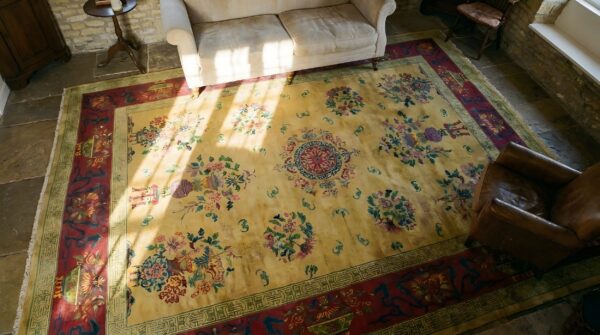 Antique art deco chinese floral, medallion yellow 1920s rug 2 Antique art deco chinese floral, medallion yellow 1920s rug (sku 23936) - styled overhead view