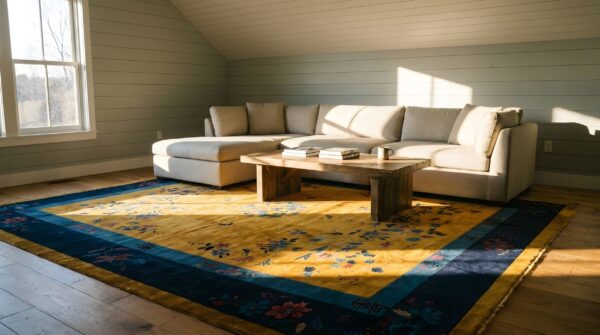 Antique art deco chinese floral medallion yellow color area rug 6 Antique art deco chinese floral medallion yellow color area rug (sku 23946) - room view