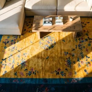 Antique Art Deco Chinese Floral Medallion Yellow Color Area Rug (SKU 23946) - in-room detail