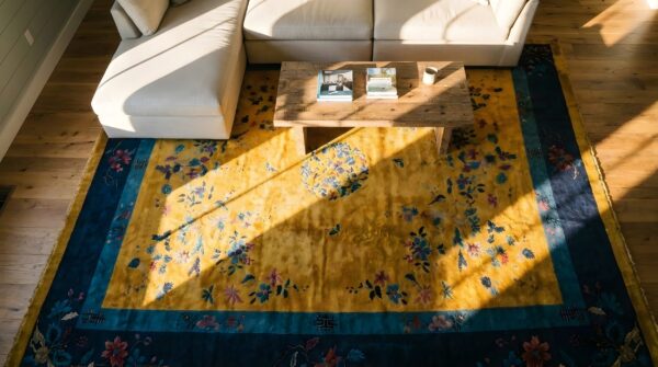 Antique art deco chinese floral medallion yellow color area rug 7 Antique art deco chinese floral medallion yellow color area rug (sku 23946) - in-room detail