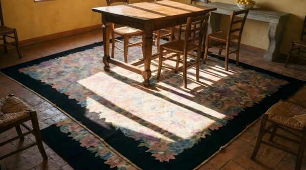Antique art deco chinese floral multi 1920s rug (sku 23895) - styled overhead view