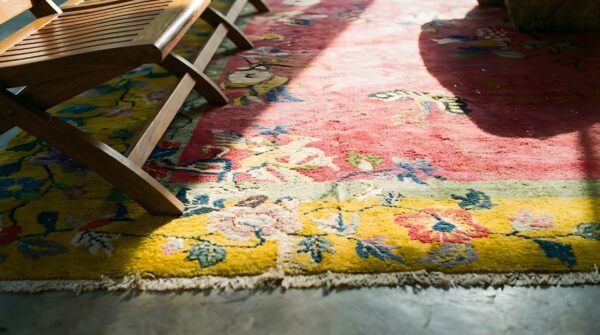 Antique art deco chinese floral orange and red 1920s rug 11 Antique art deco chinese floral orange and red 1920s rug (sku 24630) - in-room detail