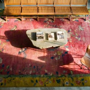 Antique Art Deco Chinese Floral Orange and Red 1920s Rug (SKU 24630) - styled overhead view