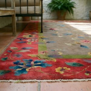 Antique Art Deco Chinese Floral Purple / Lavender / Mauve, Red 1920s Rug (SKU 24573) - in-room detail
