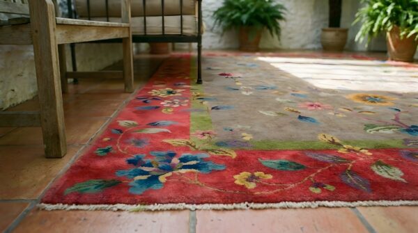Antique art deco chinese floral purple / lavender / mauve, red 1920s rug 7 Antique art deco chinese floral purple / lavender / mauve, red 1920s rug (sku 24573) - in-room detail