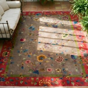 Antique Art Deco Chinese Floral Purple / Lavender / Mauve, Red 1920s Rug (SKU 24573) - styled overhead view