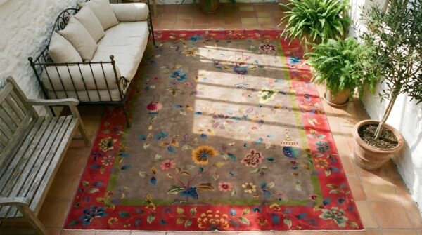 Antique art deco chinese floral purple / lavender / mauve, red 1920s rug 2 Antique art deco chinese floral purple / lavender / mauve, red 1920s rug (sku 24573) - styled overhead view