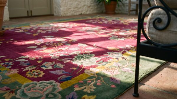 Antique art deco chinese floral red 1920s rug 8 Antique art deco chinese floral red 1920s rug (sku 24652) - in-room detail