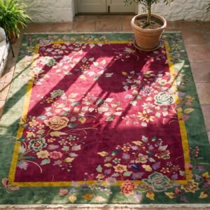 Antique Art Deco Chinese Floral Red 1920s Rug (SKU 24652) - styled overhead view
