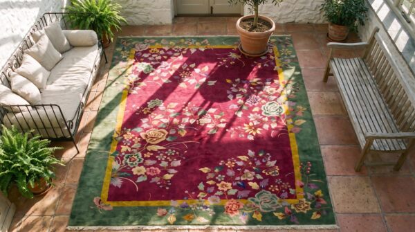 Antique art deco chinese floral red 1920s rug 2 Antique art deco chinese floral red 1920s rug (sku 24652) - styled overhead view