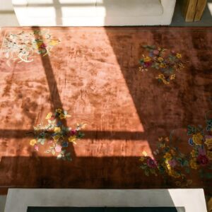 Antique Art Deco Chinese Floral Yellow 1920s Rug (SKU 22897) - styled overhead view