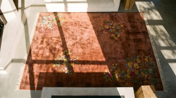 Antique art deco chinese floral yellow 1920s rug 2 Antique art deco chinese floral yellow 1920s rug (sku 22897) - styled overhead view