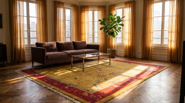Antique art deco chinese floral yellow and red 1920s rug 8 Antique art deco chinese floral yellow and red 1920s rug (sku 24551) - room view