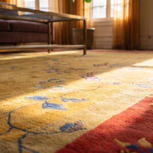 Antique Art Deco Chinese Floral Yellow and Red 1920s Rug (SKU 24551) - in-room detail