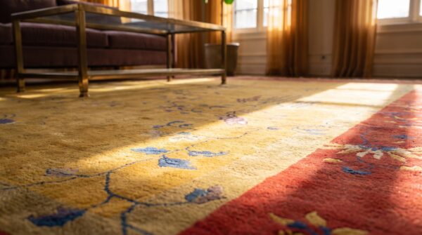 Antique art deco chinese floral yellow and red 1920s rug 9 Antique art deco chinese floral yellow and red 1920s rug (sku 24551) - in-room detail