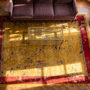 Antique Art Deco Chinese Floral Yellow and Red 1920s Rug (SKU 24551) - styled overhead view