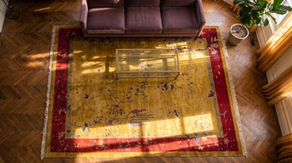 Antique art deco chinese floral yellow and red 1920s rug 2 Antique art deco chinese floral yellow and red 1920s rug (sku 24551) - styled overhead view