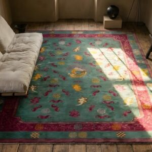 Antique Art Deco Chinese Geometric Knotted Rug (SKU 24574) - styled overhead view