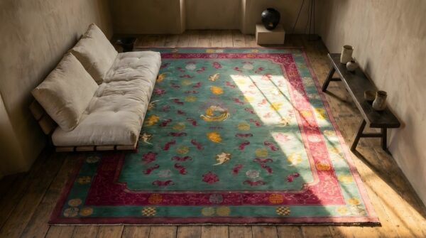 Antique art deco chinese geometric knotted rug 2 Antique art deco chinese geometric knotted rug (sku 24574) - styled overhead view