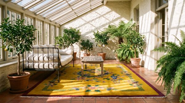 Antique art deco chinese medallion yellow 1920s rug 12 Antique art deco chinese medallion yellow 1920s rug (sku 24310) - room view